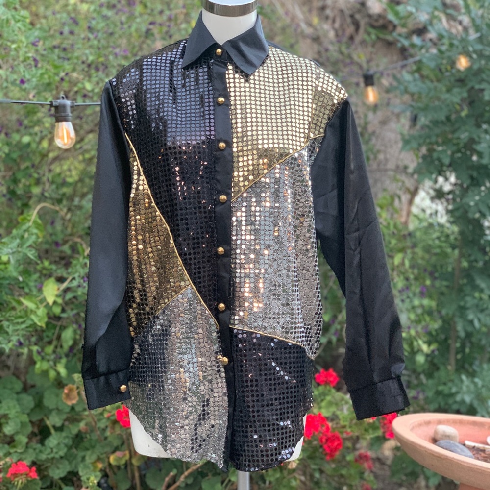 Silver Threads Womens Black Satin Sequins Silver Gold Blouse Top Shirt Sz Med